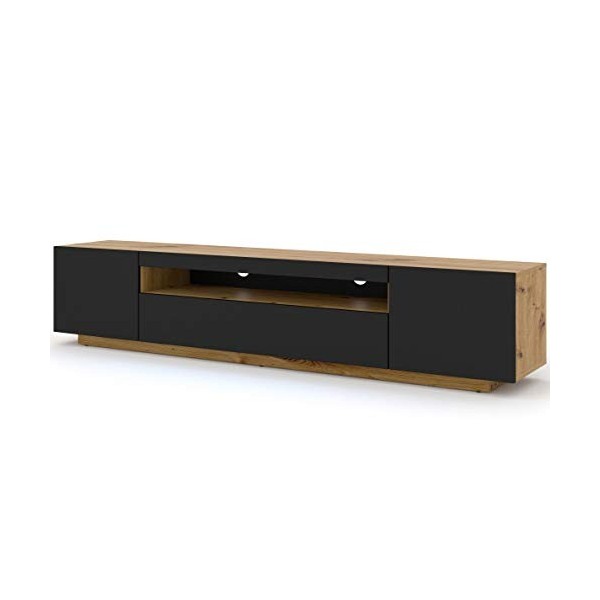 Lowboard Aura Armoire TV, 200 cm, à suspendre ou à poser, basse, buffet, meuble HiFi, table, chêne artisanal et noir mat, sa