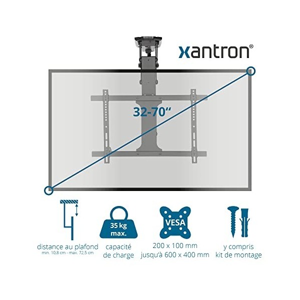 Xantron® DEHA-600E Support TV Plafond motorisé 32-70 Pouces et VESA 200x100 à 600x400mm - Max. 35kg - Support Tele Plafond - 