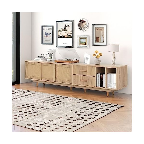 Meuble TV avec Meuble Bas en chêne Naturel Table TV Buffet Commode Meuble TV en rotin pour TV 80 Pouces Centre de Divertissem