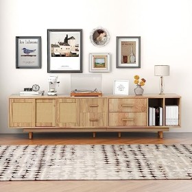Meuble TV avec Meuble Bas en chêne Naturel Table TV Buffet Commode Meuble TV en rotin pour TV 80 Pouces Centre de Divertissem