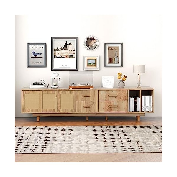 Meuble TV avec Meuble Bas en chêne Naturel Table TV Buffet Commode Meuble TV en rotin pour TV 80 Pouces Centre de Divertissem