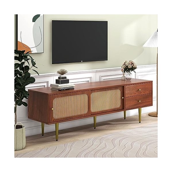 Meuble TV Meuble TV Salon Meuble TV avec 2 tiroirs, 2 Portes coulissantes en rotin, 4 Compartiments de Rangement, 160 * 40 * 