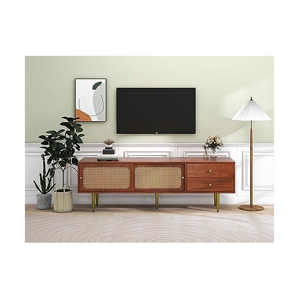 Meuble TV Meuble TV Salon Meuble TV avec 2 tiroirs, 2 Portes coulissantes en rotin, 4 Compartiments de Rangement, 160 * 40 *