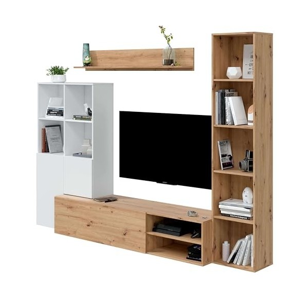 Habitdesign Meuble de salon Lyra avec rangement blanc Artik et chêne Nodi 241Cm Salle à manger Moderne Style Contemporain