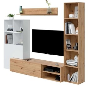 Habitdesign Meuble de salon Lyra avec rangement blanc Artik et chêne Nodi 241Cm Salle à manger Moderne Style Contemporain