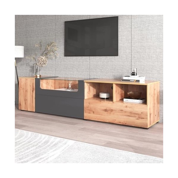 Meuble TV, Meuble Bas pour télévision, Table TV avec Portes, Meuble Bas avec Compartiments Ouverts, lumières LED à Couleurs c