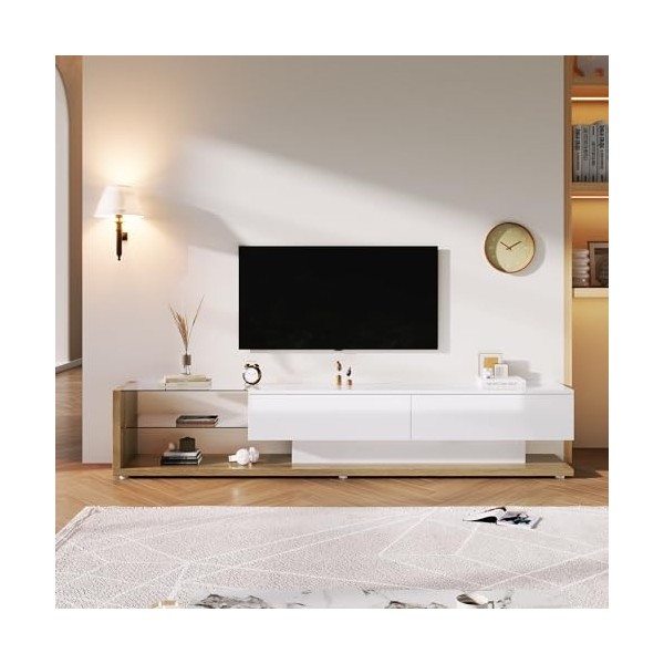 kubeier Meuble TV Blanc Brillant, Meuble TV, Commode avec éclairage LED et tiroirs, 170 x 36 x 38 cm, Meuble TV, étagère TV, 