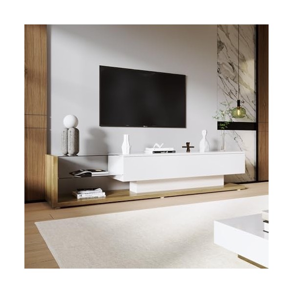 kubeier Meuble TV Blanc Brillant, Meuble TV, Commode avec éclairage LED et tiroirs, 170 x 36 x 38 cm, Meuble TV, étagère TV, 