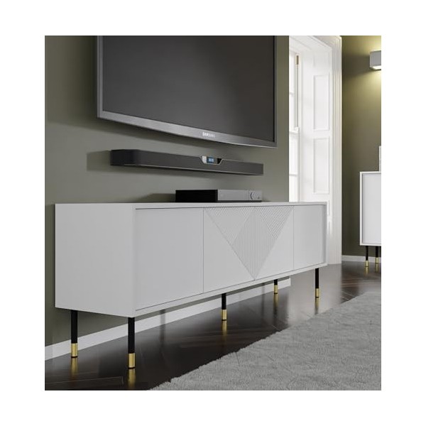 Homlando Woody White Meuble TV moderne 4D 180 cm - Meuble TV moderne avec façade en MDF fraisé - Meuble bas avec 4 portes pou