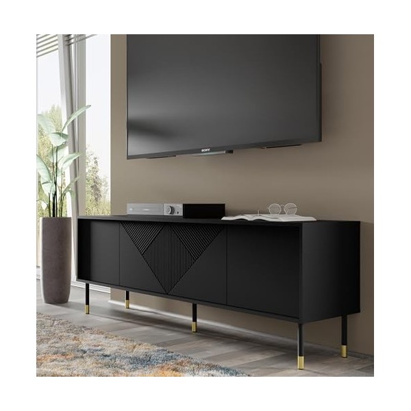 Homlando Woody Black Meuble TV moderne 4D 180 cm - Meuble TV moderne avec façade en MDF fraisé - Meuble bas avec 4 portes pou