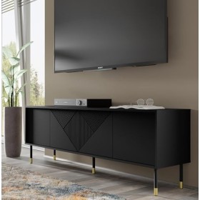 Homlando Woody Black Meuble TV moderne 4D 180 cm - Meuble TV moderne avec façade en MDF fraisé - Meuble bas avec 4 portes pou