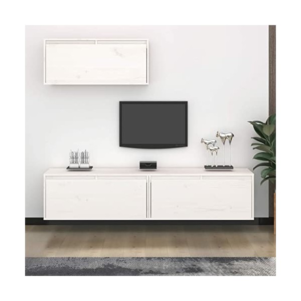 JUNZAI Meubles TV 3 pcs Blanc Bois Massif de pin,Meuble TV,Table Basse Salon Meuble TV,Table Basse LED Couleurs