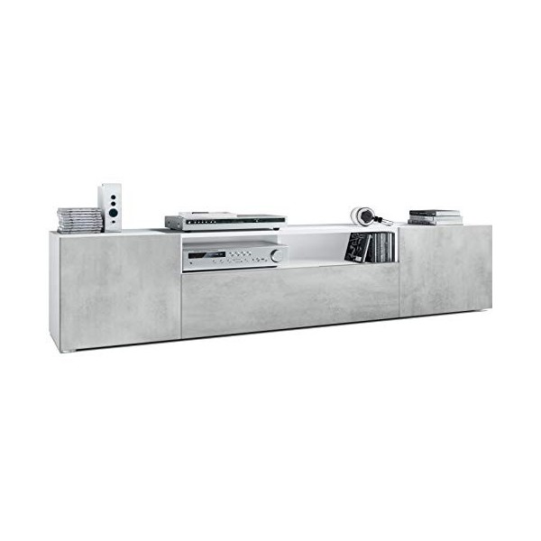 Vladon Buffet Bas Mogan, Meuble TV avec 2 Portes, 1 clapet et 1 Compartiment Ouvert, Blanc Mat/Aspect Béton Oxyde 181 x 39 x