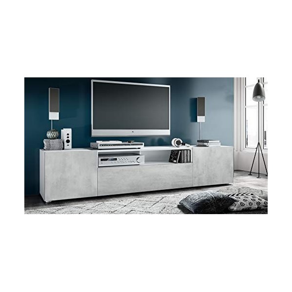 Vladon Buffet Bas Mogan, Meuble TV avec 2 Portes, 1 clapet et 1 Compartiment Ouvert, Blanc Mat/Aspect Béton Oxyde 181 x 39 x
