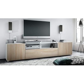 Vladon Buffet Bas Mogan, Meuble TV avec 2 Portes, 1 clapet et 1 Compartiment Ouvert, Blanc Mat/Chêne Brut 181 x 39 x 35 cm 