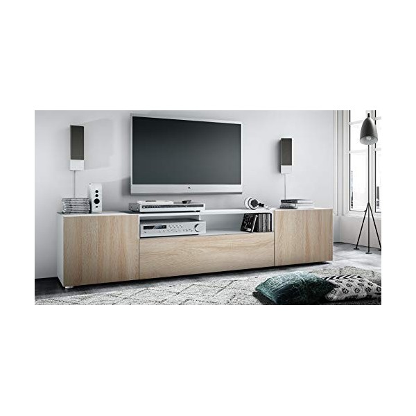 Vladon Buffet Bas Mogan, Meuble TV avec 2 Portes, 1 clapet et 1 Compartiment Ouvert, Blanc Mat/Chêne Brut 181 x 39 x 35 cm