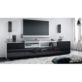 Vladon Buffet Bas Mogan, Meuble TV avec 2 Portes, 1 clapet et 1 Compartiment Ouvert, Blanc Mat/Noir Haute Brillance 181 x 39