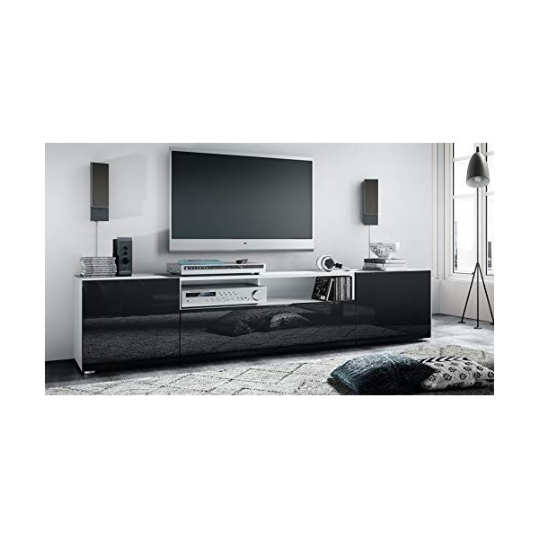Vladon Buffet Bas Mogan, Meuble TV avec 2 Portes, 1 clapet et 1 Compartiment Ouvert, Blanc Mat/Noir Haute Brillance 181 x 39