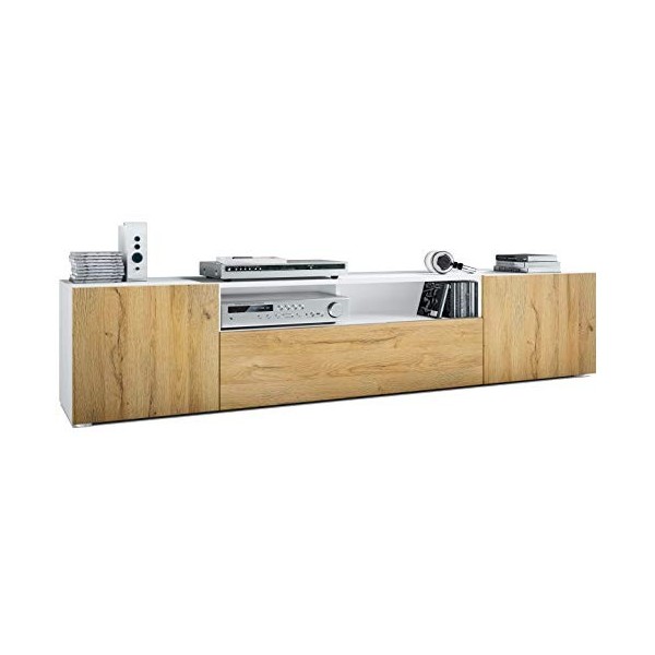 Vladon Buffet Bas Mogan, Meuble TV avec 2 Portes, 1 clapet et 1 Compartiment Ouvert, Blanc Mat/Chêne Nature 181 x 39 x 35 cm