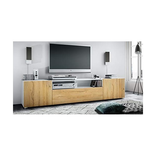 Vladon Buffet Bas Mogan, Meuble TV avec 2 Portes, 1 clapet et 1 Compartiment Ouvert, Blanc Mat/Chêne Nature 181 x 39 x 35 cm