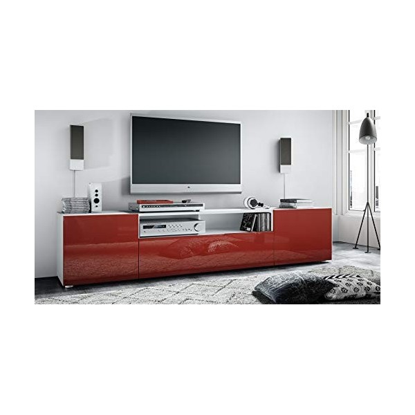 Vladon Buffet Bas Mogan, Meuble TV avec 2 Portes, 1 clapet et 1 Compartiment Ouvert, Blanc Mat/Bordeaux Haute Brillance 181 