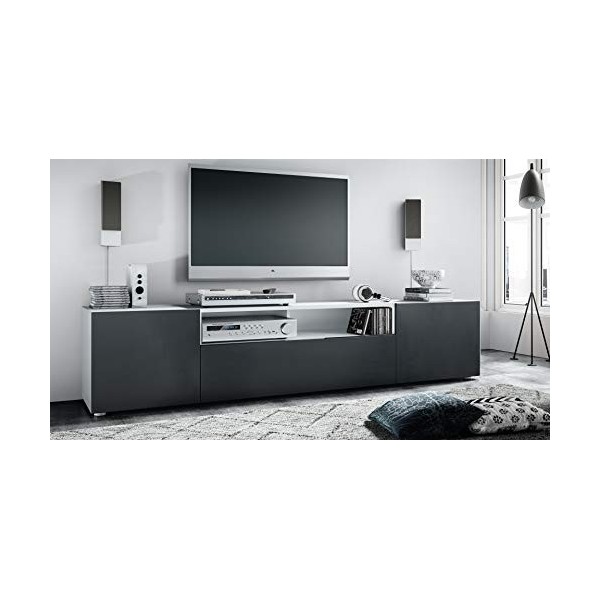Vladon Buffet Bas Mogan, Meuble TV avec 2 Portes, 1 clapet et 1 Compartiment Ouvert, Blanc Mat/Noir Mat 181 x 39 x 35 cm