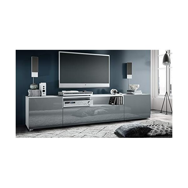 Vladon Buffet Bas Mogan, Meuble TV avec 2 Portes, 1 clapet et 1 Compartiment Ouvert, Blanc Mat/Gris Haute Brillance 181 x 39