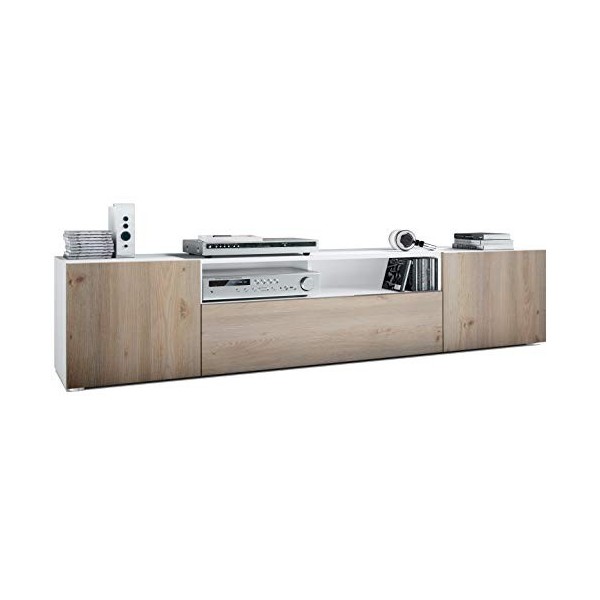 Vladon Buffet Bas Mogan, Meuble TV avec 2 Portes, 1 clapet et 1 Compartiment Ouvert, Blanc Mat/Chêne Nordique 181 x 39 x 35 