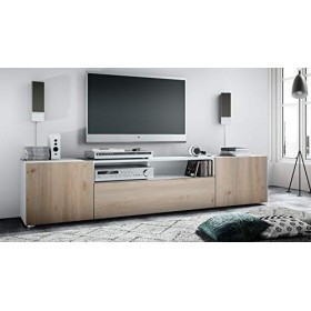 Vladon Buffet Bas Mogan, Meuble TV avec 2 Portes, 1 clapet et 1 Compartiment Ouvert, Blanc Mat/Chêne Nordique 181 x 39 x 35 