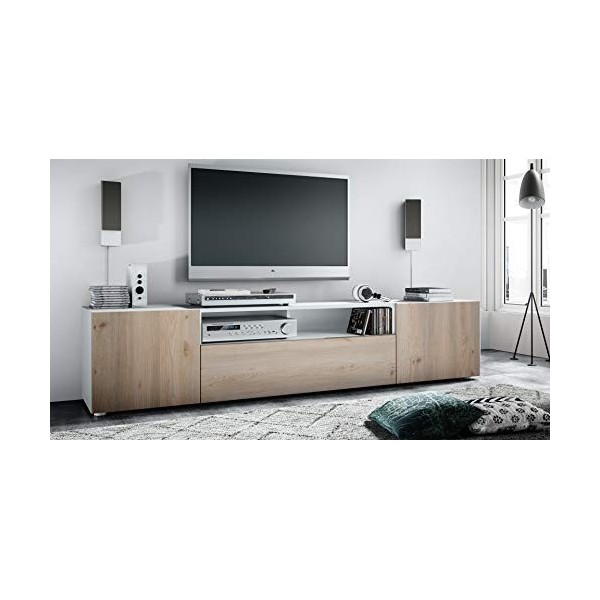 Vladon Buffet Bas Mogan, Meuble TV avec 2 Portes, 1 clapet et 1 Compartiment Ouvert, Blanc Mat/Chêne Nordique 181 x 39 x 35 