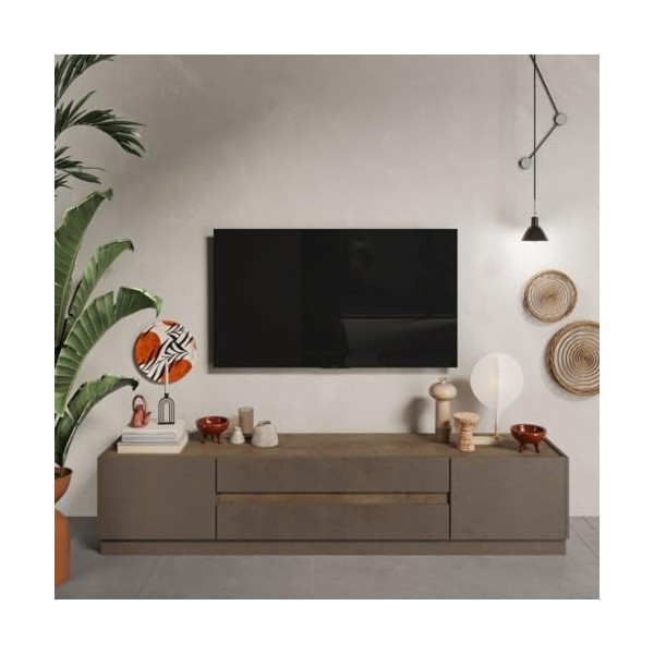 Tousmesmeubles Meuble TV 2 Portes 2 tiroirs Bronze/Chêne Noisette - Imola - L 205 x l 40 x H 44 cm - Neuf