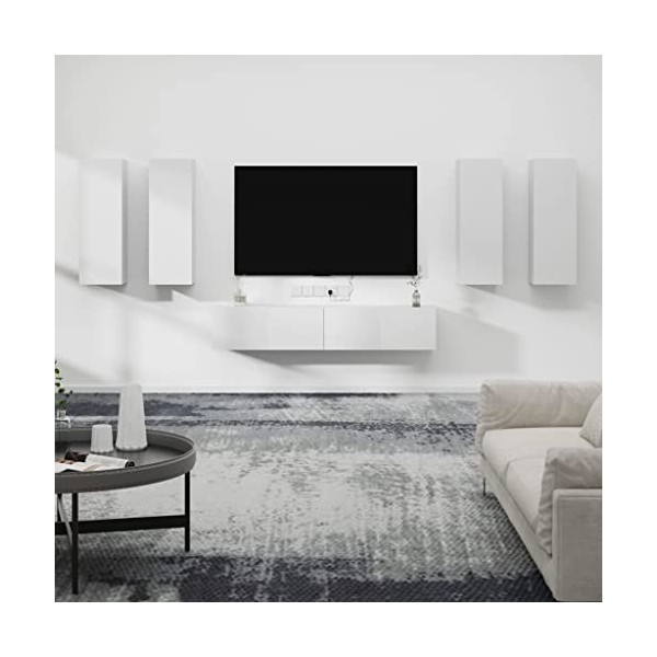 JUNZAI Ensemble de Meubles TV 6 pcs Blanc Bois dingénierie,Meuble TV,Table Basse Salon Meuble TV,Table Basse LED Couleurs