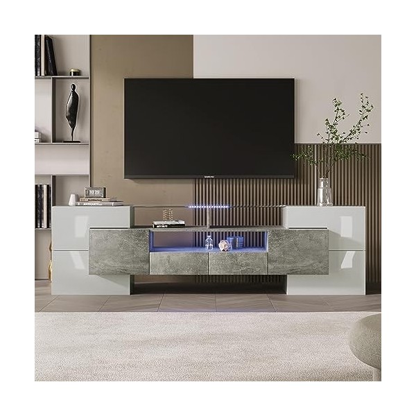 Meuble TV bas élégant avec éclairage LED Blanc brillant 200 cm Meuble de salon Design moderne Surface en verre élégante Gris