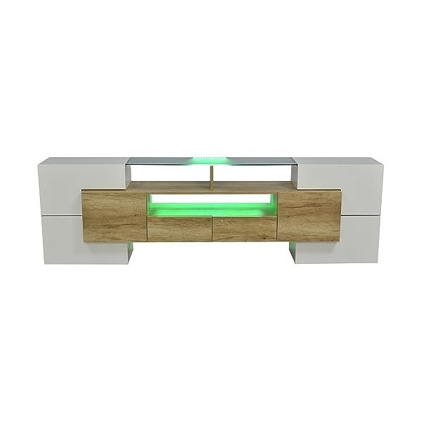 Meuble TV bas élégant avec éclairage LED Blanc brillant 200 cm Meuble de salon Design moderne Surface en verre élégante Gris
