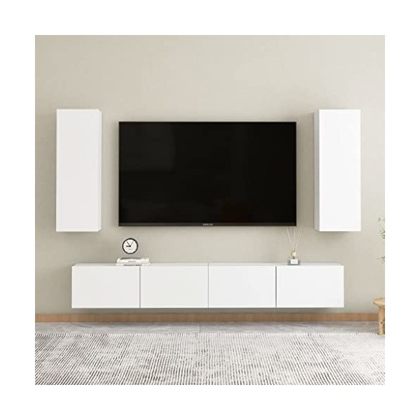 lvssiao Meuble TV pour salon avec 4 pièces en aggloméré Blanc très résistant Module TV pour chambre à coucher salon