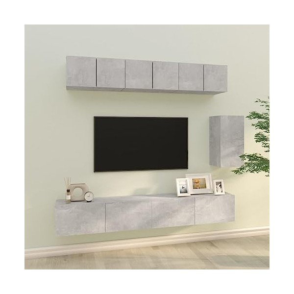 ZEYUAN Ensemble de Meubles TV 6 pcs Gris béton Bois dingénierie,Meuble TV,Table Basse Salon Meuble TV,Table Basse LED Couleu