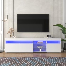 Aunvla Meuble TV moderne blanc avec panneau clair, éclairage LED variable, salon et salle à manger 180 cm