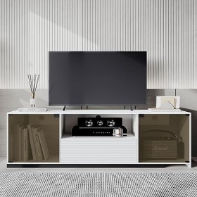 Meuble TV long avec éclairage LED et design coulissant pour téléviseur de 60 pouces, plateau de table en marbre veiné et desi