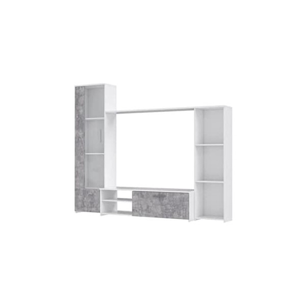 PILVI Meuble TV - Blanc mat et béton gris clair - L 220,4 x P41,3 x H177,5 cm