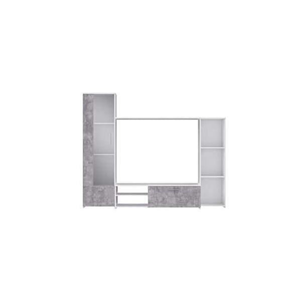 PILVI Meuble TV - Blanc mat et béton gris clair - L 220,4 x P41,3 x H177,5 cm
