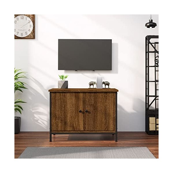 Higsose Meuble TV avec Portes Chêne Marron 60x35x45cm Bois dingénierie Meuble de Multimédia avec Pieds en Métal Meuble de Ch
