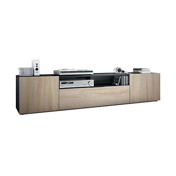 Vladon Buffet Bas Mogan, Meuble TV avec 2 Portes, 1 clapet et 1 Compartiment Ouvert, Noir Mat/Chêne Brut 181 x 39 x 35 cm 