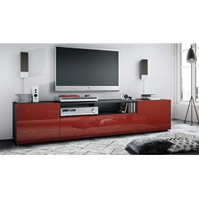 Vladon Buffet Bas Mogan, Meuble TV avec 2 Portes, 1 clapet et 1 Compartiment Ouvert, Noir Mat/Bordeaux Haute Brillance 181 x