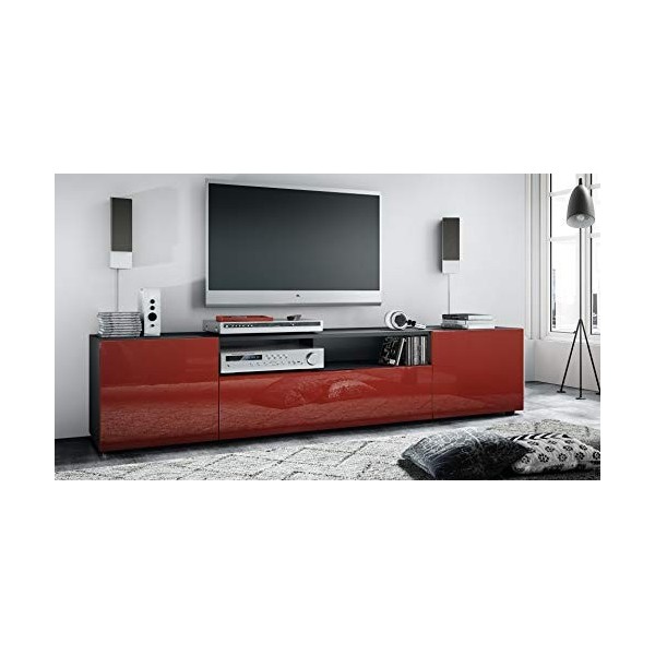 Vladon Buffet Bas Mogan, Meuble TV avec 2 Portes, 1 clapet et 1 Compartiment Ouvert, Noir Mat/Bordeaux Haute Brillance 181 x