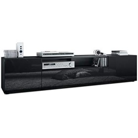 Vladon Buffet Bas Mogan, Meuble TV avec 2 Portes, 1 clapet et 1 Compartiment Ouvert, Noir Mat/Noir Haute Brillance 181 x 39 