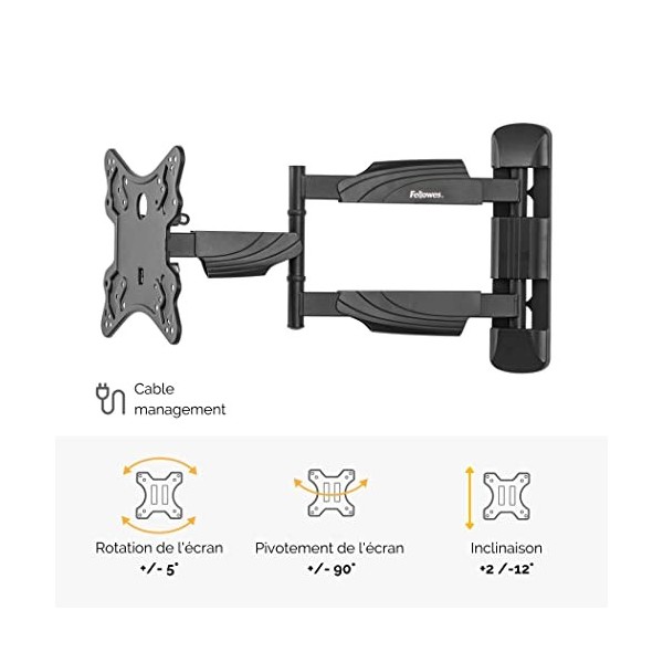 Fellowes Support TV à fixation murale, profondeur réglable, pour des écrans plats ou incurvés avec la norme VESA pesant jusqu
