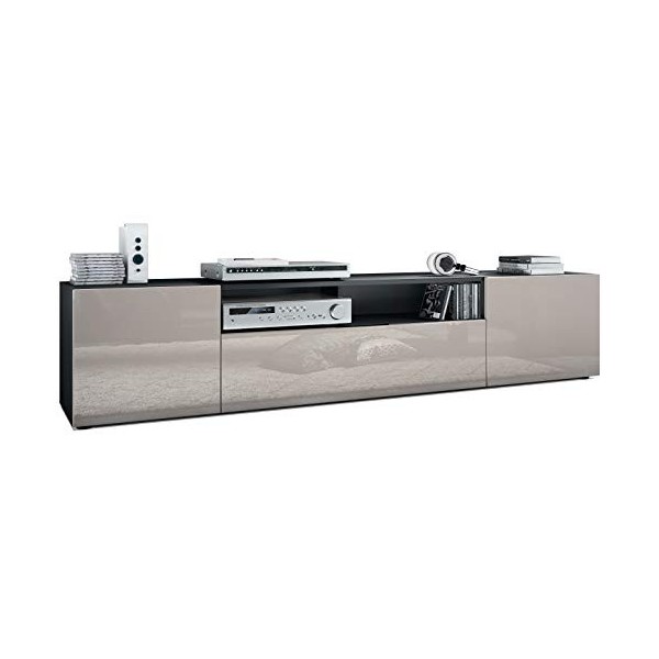 Vladon Buffet Bas Mogan, Meuble TV avec 2 Portes, 1 clapet et 1 Compartiment Ouvert, Noir Mat/Gris Sable Haute Brillance 181