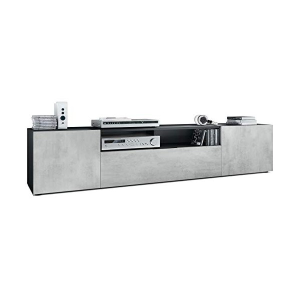 Vladon Buffet Bas Mogan, Meuble TV avec 2 Portes, 1 clapet et 1 Compartiment Ouvert, Noir Mat/Aspect Béton Oxyde 181 x 39 x 
