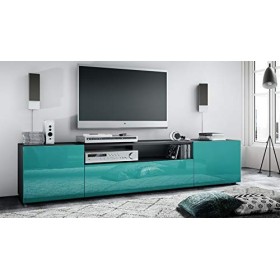Vladon Buffet Bas Mogan, Meuble TV avec 2 Portes, 1 clapet et 1 Compartiment Ouvert, Noir Mat/Turquoise Haute Brillance 181 