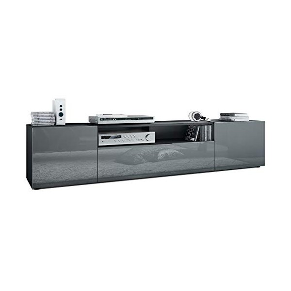 Vladon Buffet Bas Mogan, Meuble TV avec 2 Portes, 1 clapet et 1 Compartiment Ouvert, Noir Mat/Gris Haute Brillance 181 x 39
